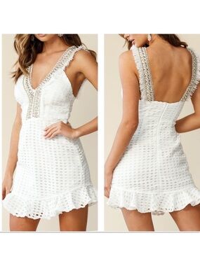 Angel Biba White Ruffle Hem Tank Dress Gold Beading Raw Frayed Hems Size M